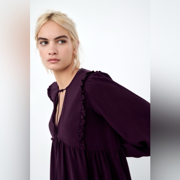 Zara Balloon Sleeve Ruffle Baby Doll A Line Tiered Mini Dress Size L Black - Picture 13 of 13